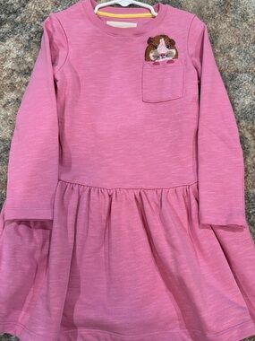 Mini Boden girls Long-Sleeve Pink Pocket Dress/tunic with Guinea Pig Embroidery